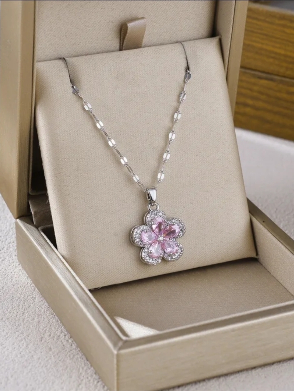 Floral Pendant Necklace with Pink Crystals. Stainless Steel.